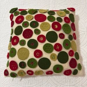 Crate & Barrel Wool "Cheer" Throw Pillow Ivory Red Green Appliqué, Down Insert